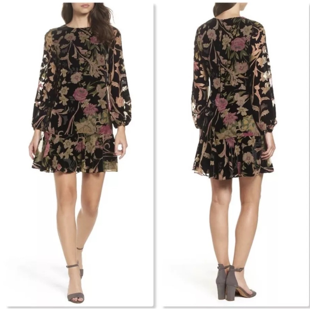 Eliza j burnout velvet floral midi dress raffle hem size s fairy whimsigoth